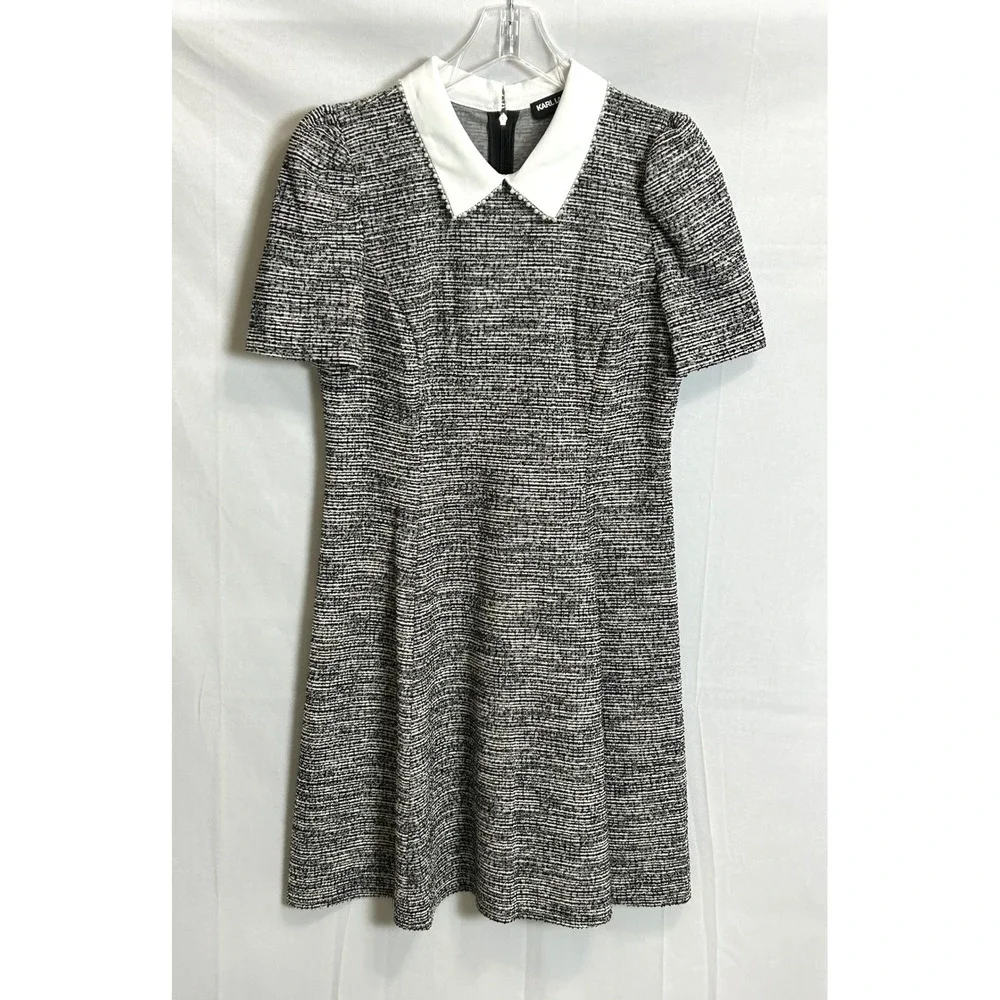 Karl Lagerfeld Paris Tweed Mini Dress Black Whte Faux Pearl Short Puff Sleeve 12 - Picture 2 of 16